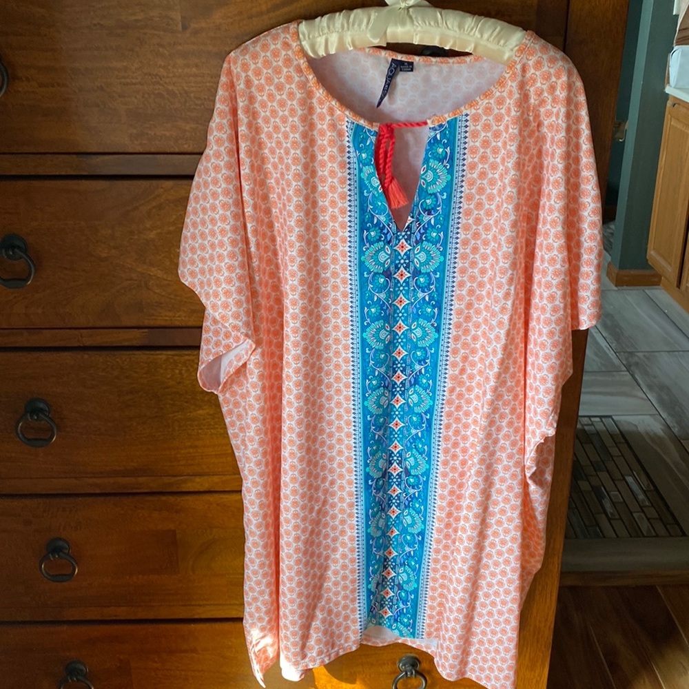 Vibrant Coral and Blue Swim Coverup